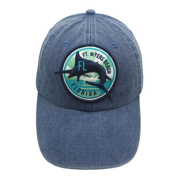 Ft Myers Beach Florida Marlin Fishing Tuck Strap Cap Trucker Baseball Hat Denim - Picture 1 of 12